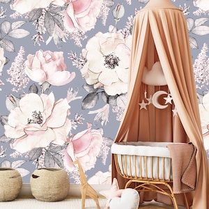 Papier peint floral, papier peint autocollant, décoration murale fleurs pour bébé fille, papier peint amovible pour chambre d'enfant