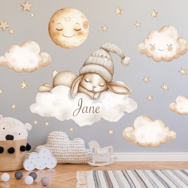 Bunny on the Cloud Wall Decal, Rabbit Name Wall Decal, Nursery Wall Sticker, Moon Stars Sleeping Animals
