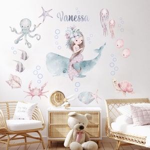 Custom Name Whale and Mermaid Wall Decal, Ocean Animals Sticker, Nursery Kids Marine Decor