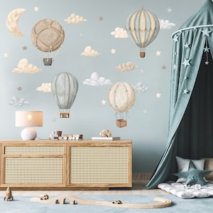 Balloon wall decal, Hot air balloon Nursery wall decal, Clouds and stars wall sticker, Kids room wall decor