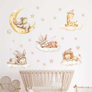 Stickers muraux animaux endormis, stickers chambre d'enfant, nuages et animaux rêveurs pour chambre de bébé, décoration de bébé