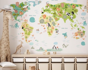 World Map Wall Decal, Animal World Map Decal, Kids World Map Decal, Nursery Map Decal
