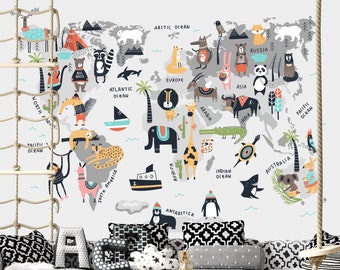 World Map Wall Decal, Animal World Map Decal, Kids World Map Decal, Nursery Map Decal