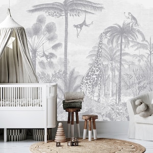 Carta da parati con animali della giungla Safari, murale murale foresta monocromatica per bambini, carta da parati foresta vintage per la scuola materna