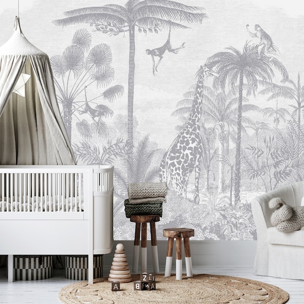 Safari Jungle Animals Wallpaper, Kids Monochrome Forest Wall Mural, Nursery Vintage Forest Wallpaper