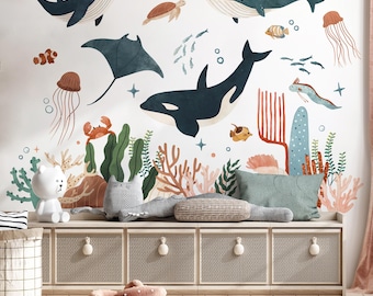 Ocean Animal Wall Decals , Sea Life Wall Stickers, Watercolor Sea Life Nursery Decor, Kids Room Wall Art