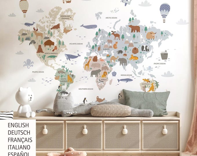 Large Animal World Map Nursery Wall Sticker, Kids Wall Decal