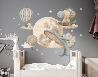 Whale- Moon- Air Balloon Wall Decal, Ocean Animal - Stars Kids Sticker, Under The Sea Nursery Decor