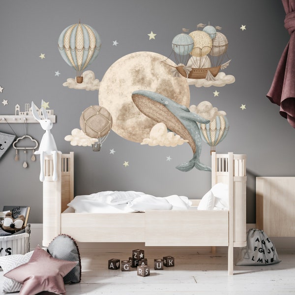 Whale- Moon- Air Balloon Wall Decal, Ocean Animal - Stars Kids Sticker, Under The Sea Nursery Decor