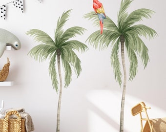 May include: Watercolor wall decals of two palm trees with green fronds and a red, yellow, and blue parrot perched on one. The scene is set in a child's room with a whale-shaped pillow, a rocking horse, and a basket.