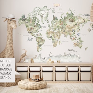 Muursticker wereldkaart, sticker wereldkaart dieren, sticker wereldkaart kinderen, sticker kinderkamerkaart