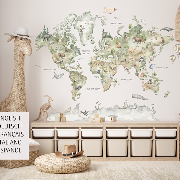 World Map Wall Decal, Animal World Map Decal, Kids World Map Decal, Nursery Map Decal