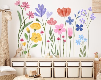 Bordo adesivo da parete con fiori selvatici, adesivo da parete floreale boho, decorazione floreale ad acquerello per la cameretta dei bambini