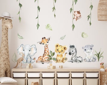 Set di adesivi da parete XL Safari per bambini, animali da safari, decalcomanie da muro, set di decalcomanie ad acquerello africano, decorazione da parete per vivaio con buccia e bastoncino