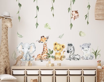 XL Safari Wall Sticker Set for Kids, Safari Animals, Wall Decal, Africa Watercolor Decal Set, Nursery Peel and Stick Nursery Wall Decor