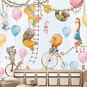 Circus Animal Wallpaper Nursery, Playroom Wallpaper Peel and Stick, Balloons Wallpaper, Fun Fair Custom Removable Baby Wall Mural