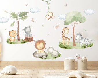 Juego de pegatinas de pared XL Safari para niños, animales de safari, vinilos decorativos, juego de pegatinas de acuarela africanas, decoración de pared infantil autoadhesiva.