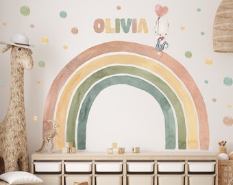 Pépinière de fille de décalque de mur d'arc-en-ciel, grand autocollant pastel d'arc-en-ciel d'enfants avec le nom, papier peint fait sur commande de mur d'arc-en-ciel de Boho