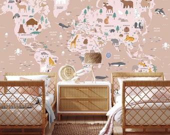 Papel pintado colorido con mapa del mundo para niños: diseño educativo de animales