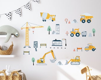Construction Wall Decal Excavator Vehicles Set Wall Sticker for Children's Room Construction Site Decal Boy Room