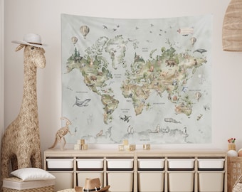 World Map Tapestry, Kids World Map Tapestry, Nursery World Map, World Map for Kids