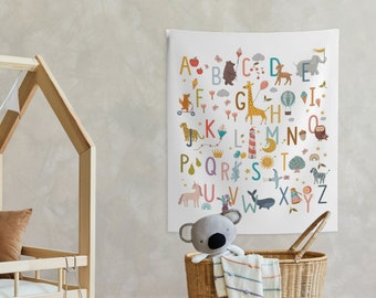 Animal Alphabet Tapestry , Boho Classroom Decor, Alphabet Poster, ABC Poster,  Nursery Tapestry,  Aesthetic Classroom Tapestry