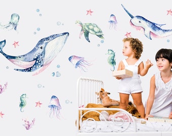 Ocean Animals Wall Decal for Kids, Watercolor Whale Decal, Undersea Kid's Wall Stickers