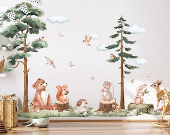 Sticker mural chambre d'enfant arbre boisé, sticker mural animaux de la forêt aquarelle, décoration murale chambre d'enfant, sticker mural forêt, sticker arbre autocollant