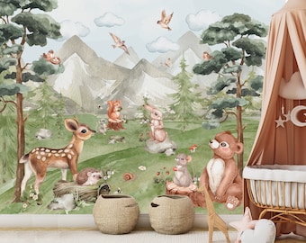Papel pintado infantil con motivos de bosque, papel pintado autoadhesivo con diseño de bosque en acuarela, mural de pared infantil removible.