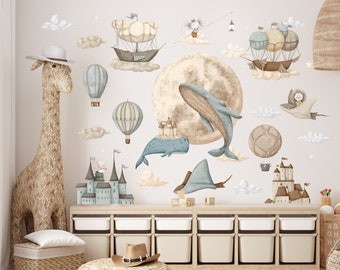 Sticker mural chambre d'enfant océan, Sticker sous la mer, Sticker baleine aquarelle, Montgolfières, Sticker mural château, Décoration de chambre d'enfant