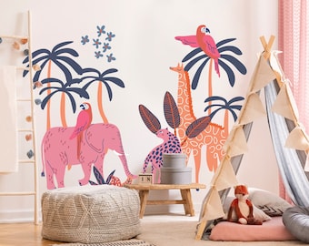 Calcomanías de pared de safari en la jungla para guardería, jirafa, león bebé, decoración de habitación infantil.