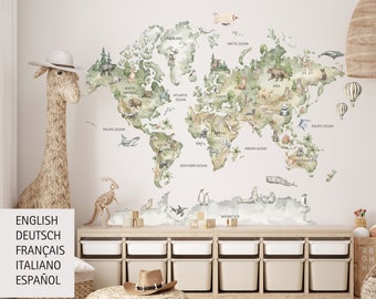 Wereldkaart muur sticker, dierenwereld kaart sticker, Kids wereldkaart sticker, kinderkamer kaart sticker