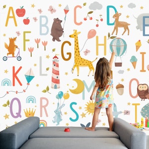 Carta da parati per sala giochi, carta da parati con alfabeto per la scuola materna, murale educativo per bambini