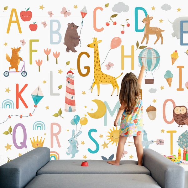 Playroom Wallpaper, Nursery Alphabet Wallpaper, Educational Kids Wall Mural