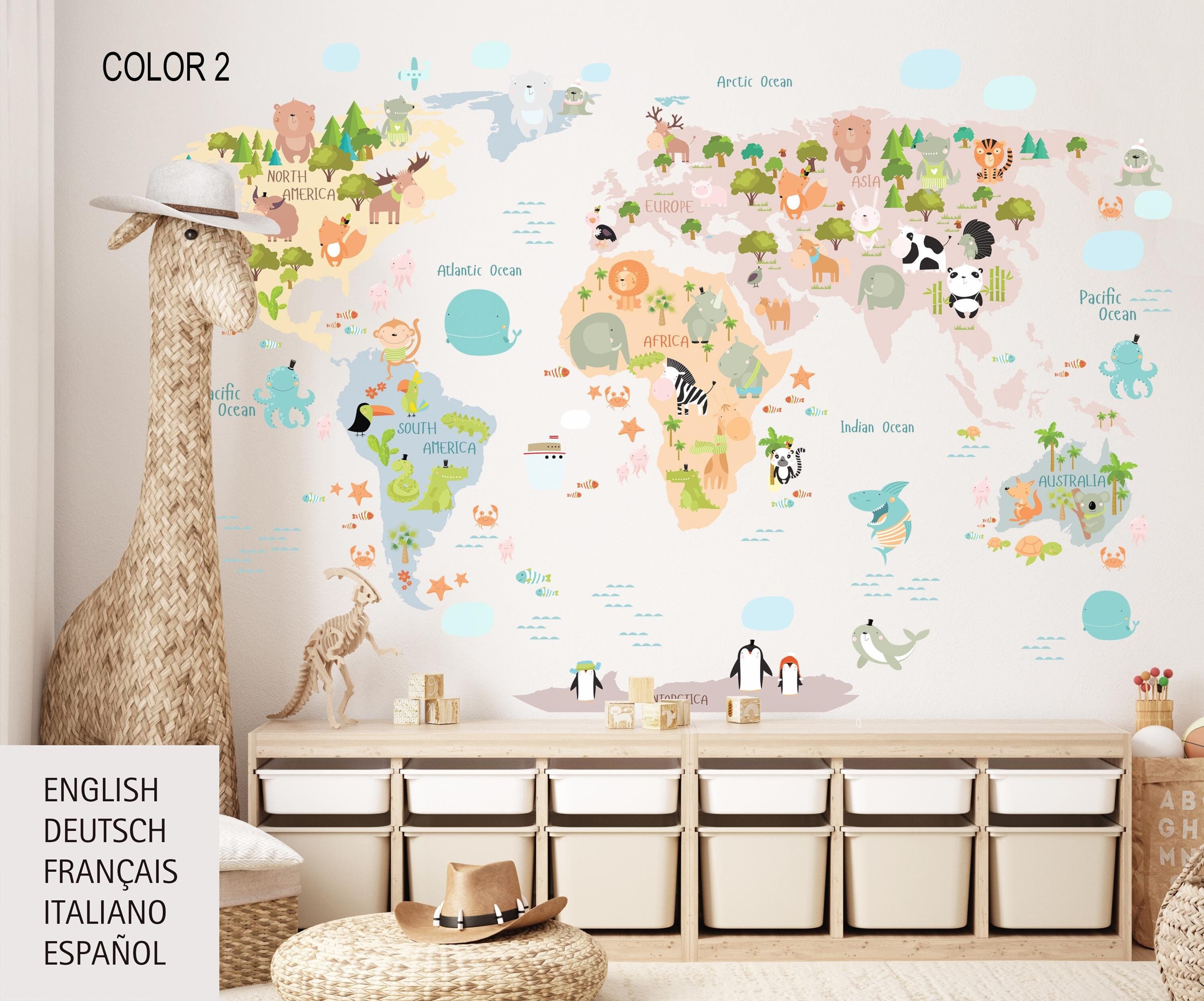World Map Wall Decal, Animal World Map Decal, Kids World Map Decal ...