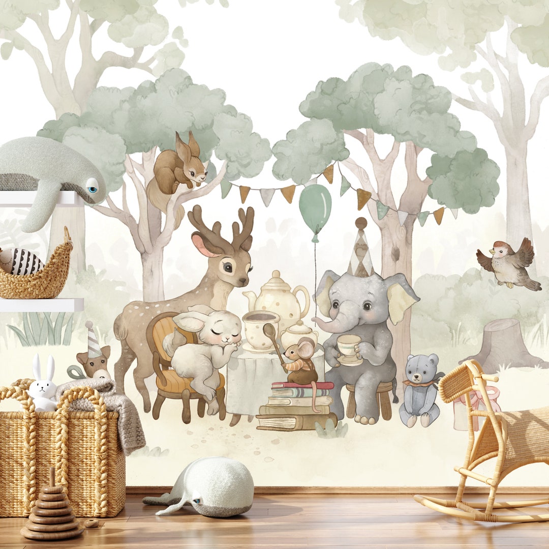 Woodland Wallpaper Nursery, Forest Wallpaper Peel and Stick, Watercolor ...