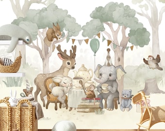 Papel pintado de bosque para guardería, papel pintado de bosque despegable y adhesivo, bosque de acuarela, mural de pared extraíble para niños