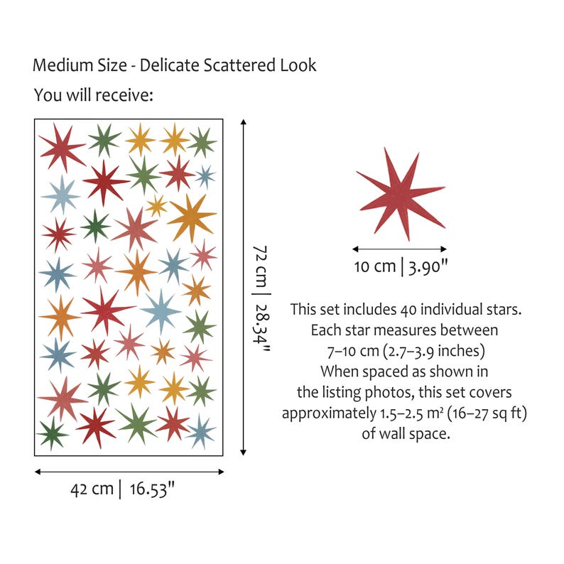 Puede incluir: Un conjunto de 40 pegatinas de pared con forma de estrella multicolor en rojo, verde, amarillo y azul. La hoja mide 42 cm por 72 cm. Cada estrella mide entre 7 y 10 cm. El conjunto cubre aproximadamente 1,5 a 2,5 metros cuadrados de pared.