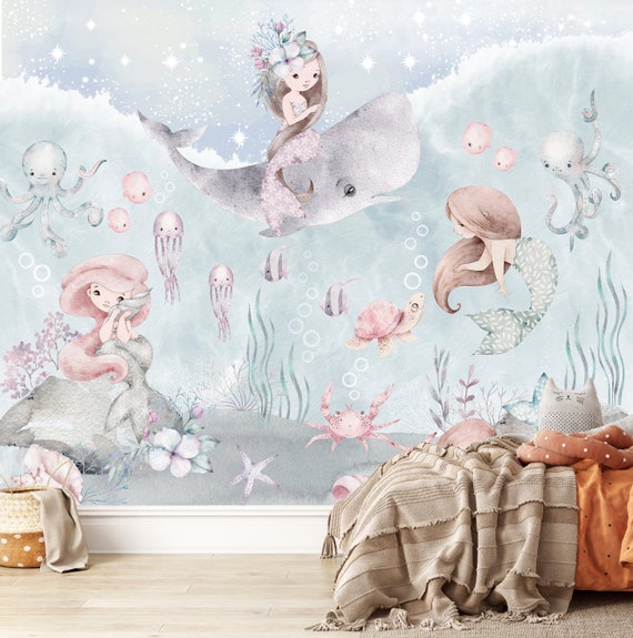 Déco Murale Sirène Pour Bébé – Autocollant Mural Nursery (Corail, Rose, Thème Océan, Amovible)