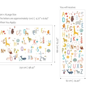 May include: A set of colorful alphabet wall decals with animal illustrations. The set includes two panels, one measuring 98.42 inches wide and the other 24.40 inches wide. The letters are approximately 4.72" x 6.69".