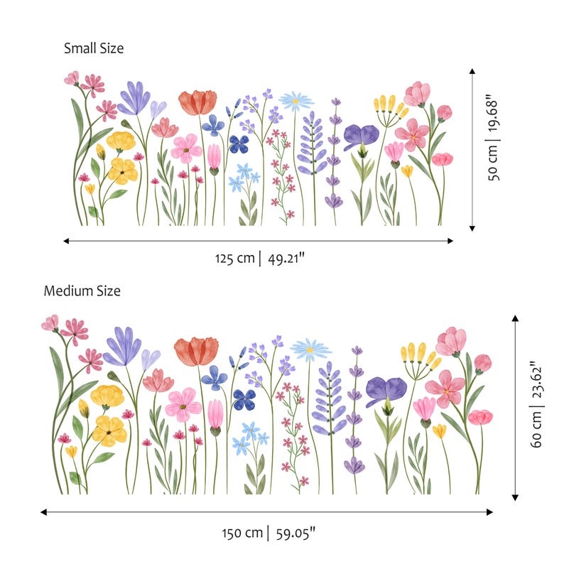 May include: Watercolor floral wall decals in small and medium sizes. The small size is 125 cm wide and 50 cm tall. The medium size is 150 cm wide and 60 cm tall. The decals feature colorful flowers.