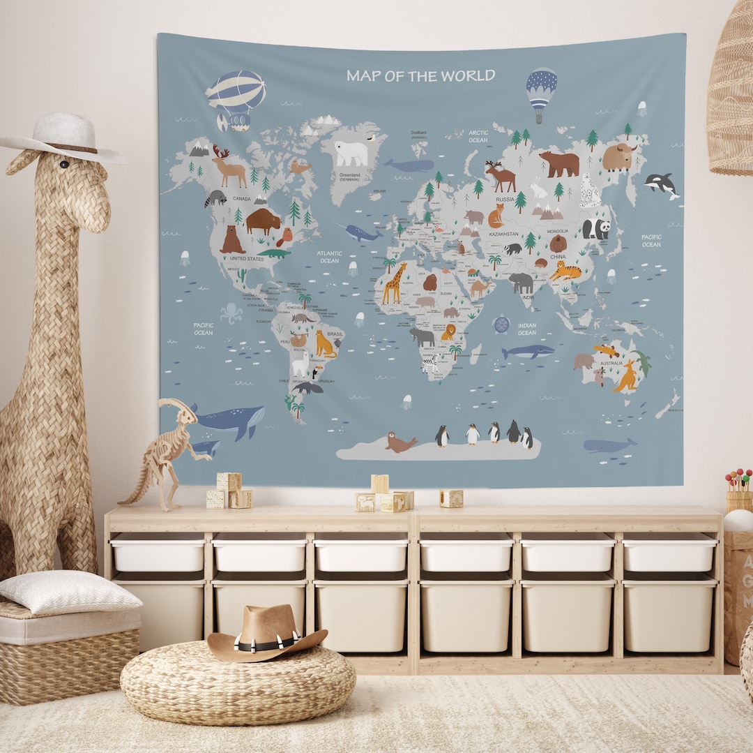 World Map Tapestry, Kids World Map Tapestry, Custom Tapestry, Nursery ...