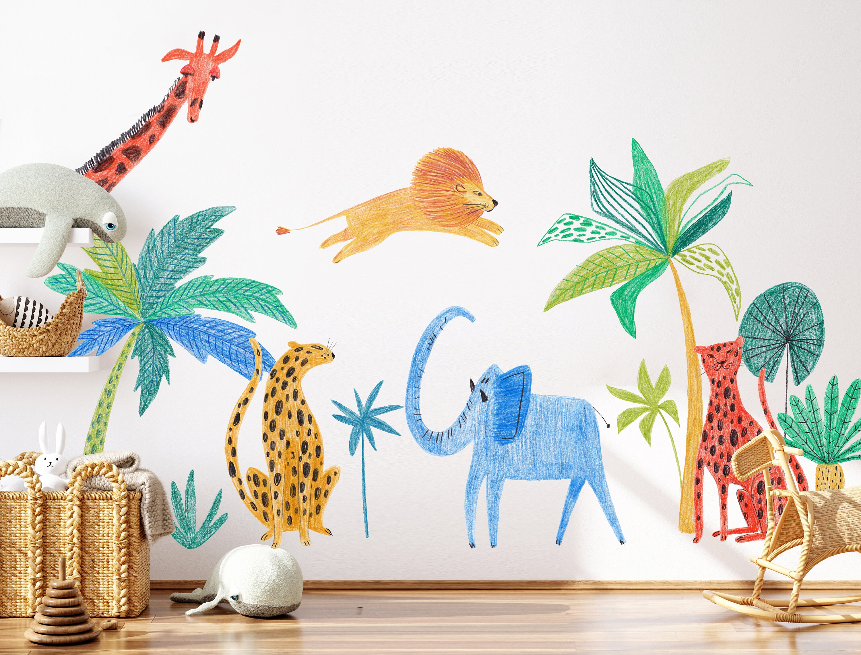 Safari Animals Decal , Palm Tree Wall Sticker , Jungle Nursery, Lion ...