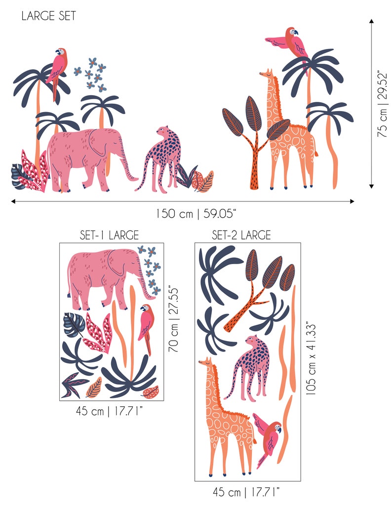 Op de afbeelding: Een grote set muurstickers met junglethema, voorzien van een roze olifant, een gevlekte luipaard, een giraf en papegaaien tussen palmbomen. De totale set meet 150 cm bij 75 cm, met individuele sets van 45 cm bij 70 cm en 45 cm bij 105 cm.