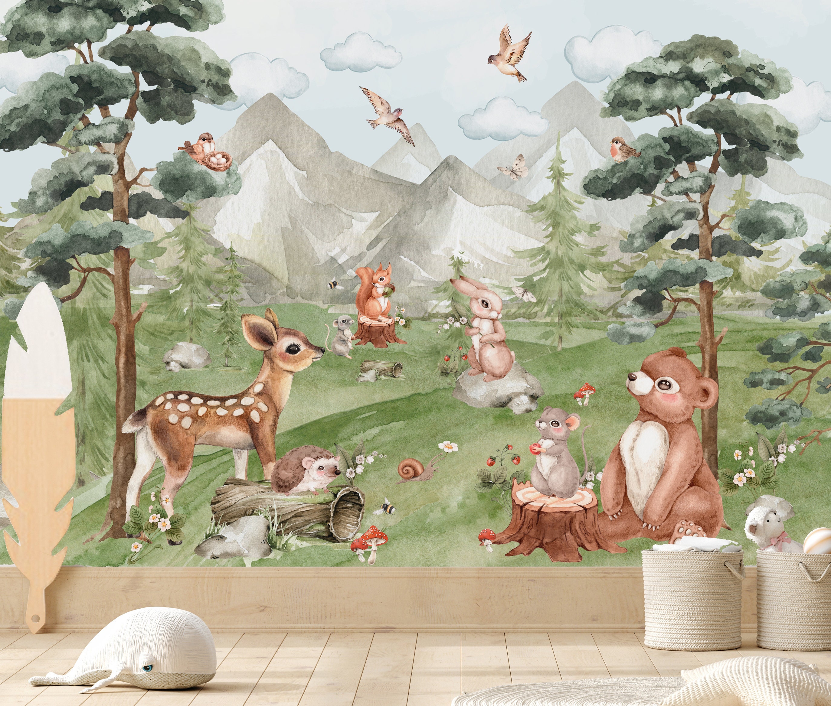 Watercolor Woodland Wonders Mural Wallpaper - Kids Wallpaper - View #6