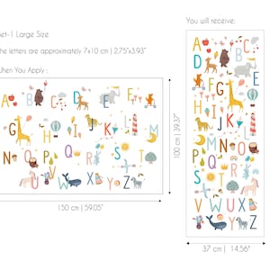 May include: A large alphabet wall decal set with colorful letters and animal illustrations. The letters are approximately 2.75" x 3.93". The set includes a large sheet measuring 59.05" x 42.12" and a smaller sheet measuring 14.56" x 39.37".