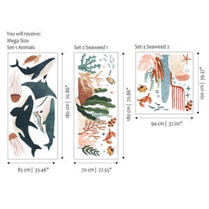 May include: Mega size wall decals featuring marine life and seaweed designs. Set-1 Animals includes a whale, stingray, and jellyfish. Set-2 Seaweed 1 and Set-3 Seaweed 2 feature coral and fish. The largest decal is 180 cm (70.86 inches) tall.
