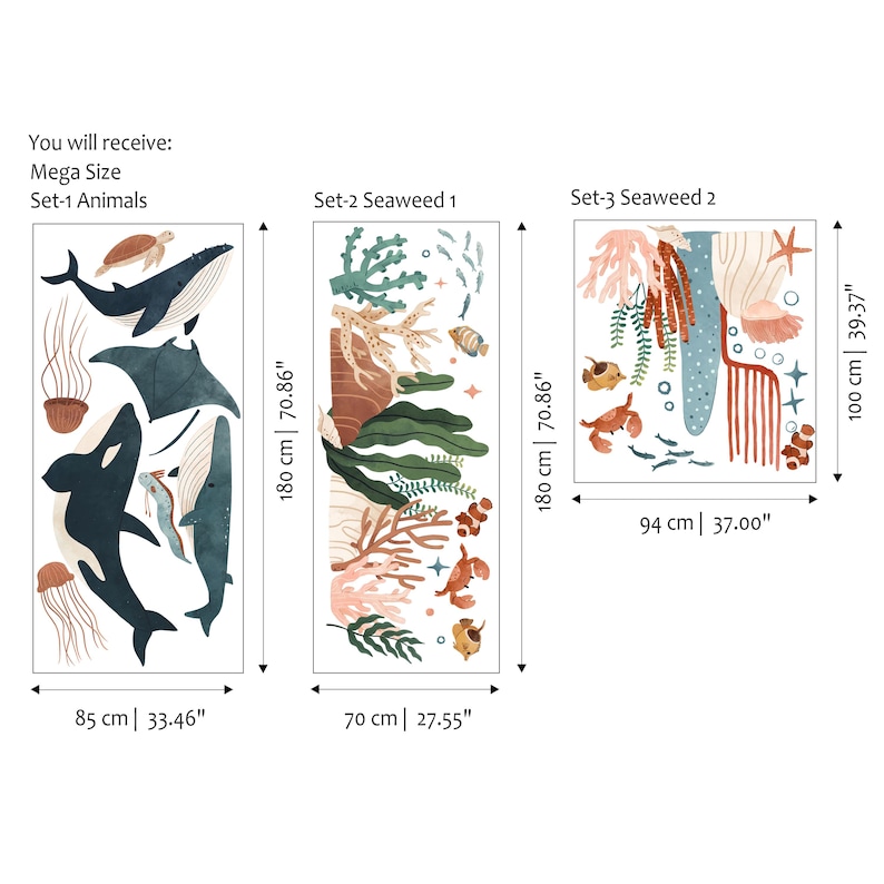 May include: Mega size wall decals featuring marine life and seaweed designs. Set-1 Animals includes a whale, stingray, and jellyfish. Set-2 Seaweed 1 and Set-3 Seaweed 2 feature coral and fish. The largest decal is 180 cm (70.86 inches) tall.
