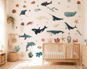 Under The Sea Wall Decals, Ocean Animals Wall Stickers, Sea Life Nursery Decor, Whale Shark Turtle Wall Decal