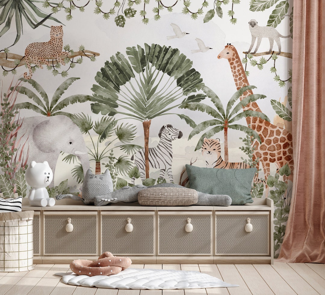 Kids Safari Jungle Animals Wallpaper , Peel and Stick Giraffe Nursery ...